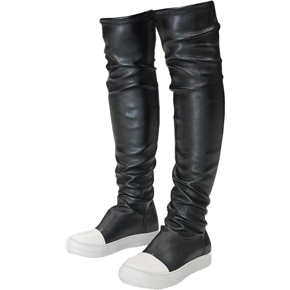 Women Black Polyurethane (PU) Flat Over The Knee Round Toe Thigh High Boots